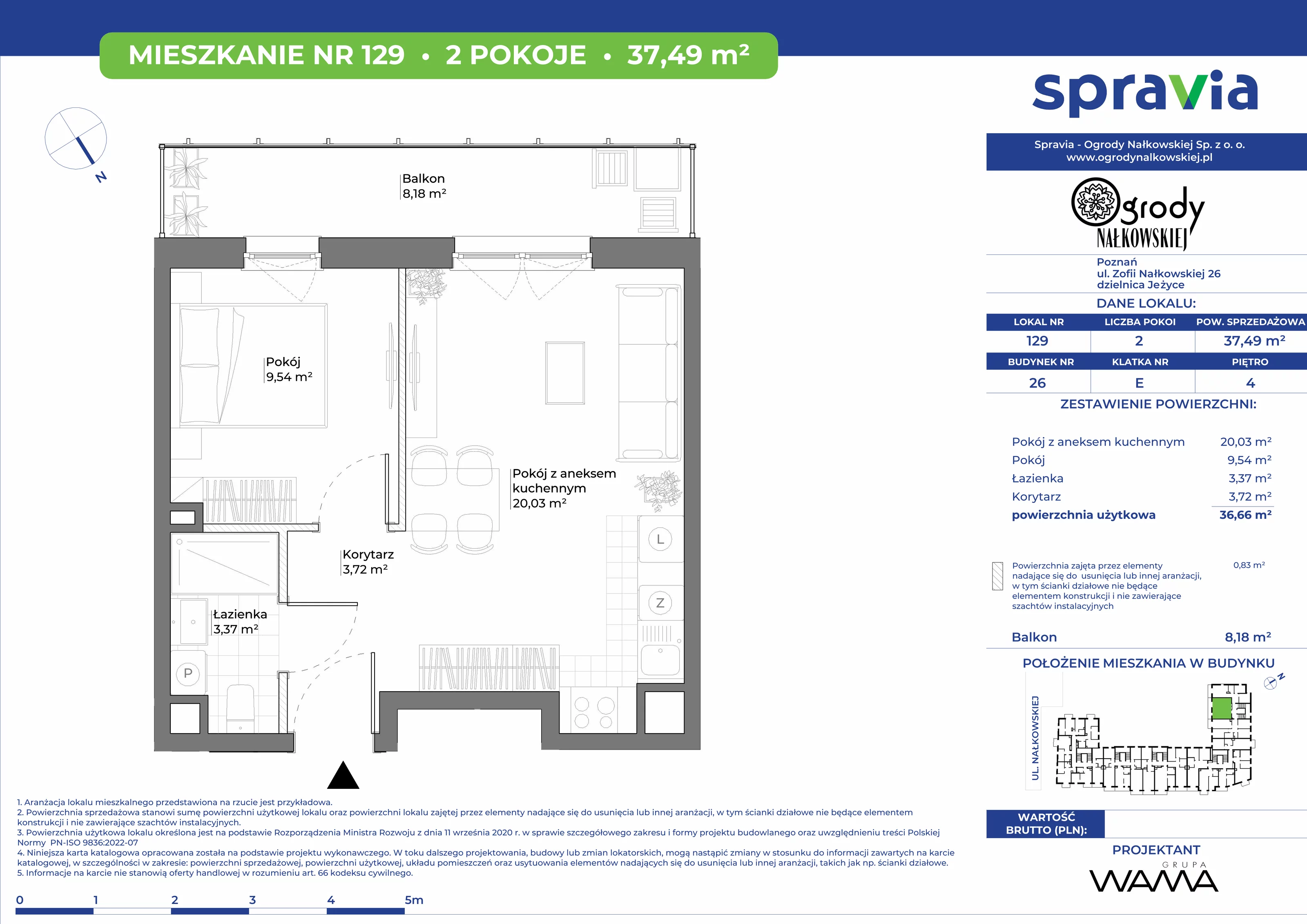 2 pokoje, mieszkanie 37,49 m², piętro 4, oferta nr 26-129, Ogrody Nałkowskiej, Poznań, Ogrody, ul. Nałkowskiej 24, 26